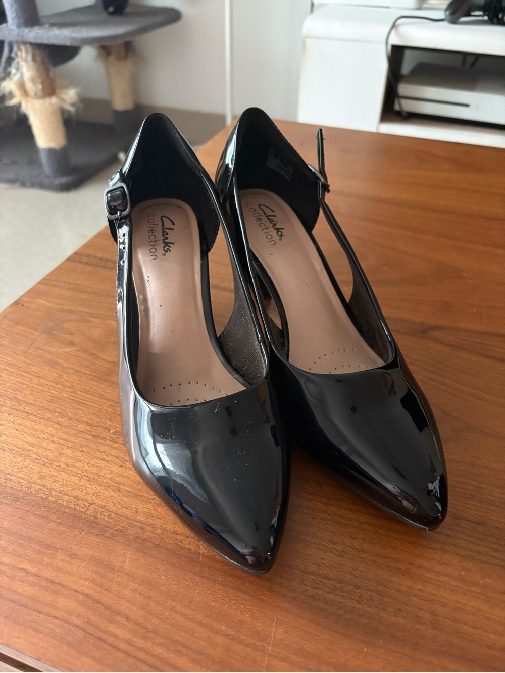Clarks Black Patent Pointed Mary Jane Heels